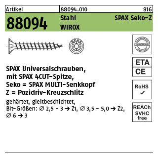 1000 Stück, Artikel 88094 Stahl SPAX Seko-Z Oberfläche WIROX SPAX Universalschrauben mit Spitze, SPAX MULTI-Senkkopf, Pozidriv-KS - Abmessung: 2,5 x 20/17-Z