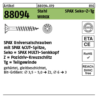 1000 Stück, Artikel 88094 Stahl SPAX Seko-Z-Tg Oberfläche WIROX SPAX Universalschrauben mit Spitze, SPAX MULTI-Senkkopf, Pozidriv-KS, Tg - Abmessung: 4 x 35/22-Z