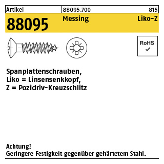 1000 Stück, Artikel 88095 Messing Liko-Z Spanplattenschrauben, Linsensenkkopf, Pozidriv-Kreuzschlitz - Abmessung: 3,5 x 16 -Z