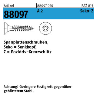 200 Stück, Artikel 88097 A 2 Seko-Z Spanplattenschrauben, Senkkopf, Pozidriv-Kreuzschlitz - Abmessung: 3 x 12 -Z