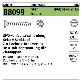 1000 Stück, Artikel 88099 St. SPAX Seko-Z-Kb Oberfläche WIROX SPAX-Universalschraube, Senkkopf, Pozidriv-Kreuzschlitz, mit Kopfbohrung - Abmessung: 4,5 x 20/10-Z