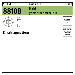 200 Stück, Artikel 88108 Stahl galvanisch verzinkt Einschlagmuttern - Abmessung: M 6 x12 x 7,5