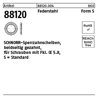 2000 Stück, Artikel 88120 Federstahl Form S SCHNORR-Sperrzahnscheiben, beidseitig gezahnt, für Schrauben mit Fkl. <= 5.8 - Abmessung: S 2,5x4,8x0,45