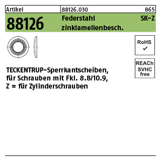 1000 Stück, Artikel 88126 Federstahl Form Z zinklamellenbesch. TECKENTRUP-Sperrkantscheiben für Zyl.-Schrauben mit Fkl. 8.8/10.9 - Abmessung: Z 8x12,7x1,4