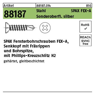 1000 Stück, Artikel 88187 Stahl SPAX FEX-A Sonderoberfl. silber SPAX Fensterbohrschrauben FEX-A mit Senkkopf, Bohrsp., Phillips-KS - Abmessung: 3,9 x 19 -H