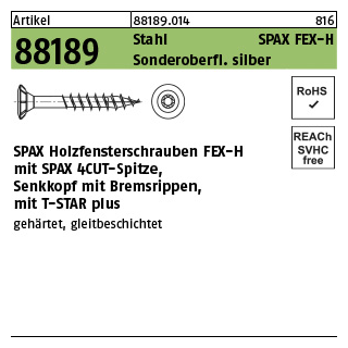 1000 Stück, Artikel 88189 Stahl SPAX FEX-H Sonderoberfl. silber SPAX Holzfensterschrauben FEX-H mit Senkkopf, Bremsrippen, T-STAR - Abmessung: 4 x 30 -T15