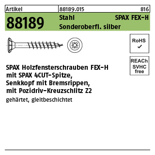 1000 Stück, Artikel 88189 Stahl SPAX FEX-H Sonderoberfl. silber SPAX Holzfensterschrauben FEX-H mit Senkkopf, Bremsrippen, Pozidriv-KS - Abmessung: 4 x 30 -Z