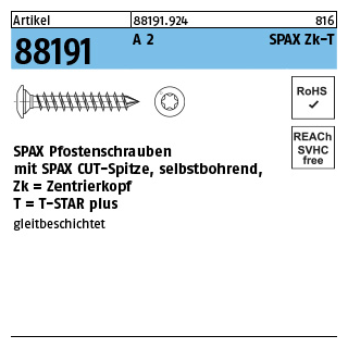 50 Stück, Artikel 88191 A 2 SPAX Zk-T SPAX-Pfostenschrauben, mit Spitze selbstbohrend, Zentrierkopf - Abmessung: 8 x 50/45 -T40