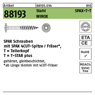 200 Stück, Artikel 88193 Stahl SPAX-T-T Oberfläche WIROX SPAX Schrauben mit Spitze/Fräser Tellerkopf - Abmessung: 6 x 60/56 -T30