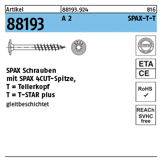 100 Stück, Artikel 88193 A 2 SPAX-T-T SPAX Schrauben, mit Spitze, Tellerkopf - Abmessung: 6 x 60/56-T30