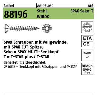 50 Stück, Artikel 88196 Stahl SPAX Seko-T Oberfläche WIROX SPAX Schrauben mit Vollgew., mit Spitze SPAX MULTI-Senkkopf - Abmessung: 10 x 350 -T50