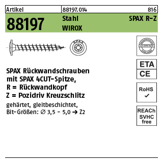 3000 Stück, Artikel 88197 Stahl SPAX R-Z Oberfläche WIROX SPAX Rückwandschrauben mit Spitze Rückwandkopf, Pozidriv-Kreuzschlitz - Abmessung: 3,5 x 17/14-Z