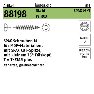 200 Stück, Artikel 88198 Stahl SPAX M-T Oberfläche WIROX SPAX Schrauben M für MDF-Materialien, mit Spitze, mit kleinem 75° Fräskopf - Abmessung: 3,5 x 40/28-T15