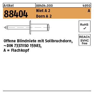 500 Stück, Artikel 88404 Niet A 2 A Dorn A 2 Offene Blindniete mit Sollbruchdorn, ~DIN 7337/ISO 15983, Flachkopf - Abmessung: 3 x 6