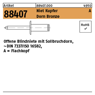 500 Stück, Artikel 88407 Niet Kupfer A Dorn Bronze Offene Blindniete mit Sollbruchdorn, ~DIN 7337/ISO 16582, Flachkopf - Abmessung: 4 x 12