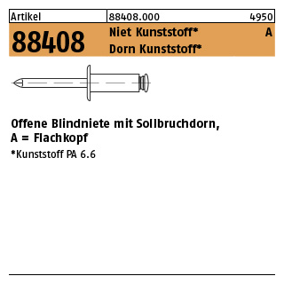 500 Stück, Artikel 88408 Niet Kunststoff A Dorn Kunststoff Offene Blindniete mit Sollbruchdorn, Flachkopf - Abmessung: 4 x 12