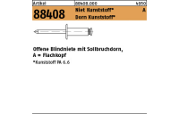 500 Stück, Artikel 88408 Niet Kunststoff A Dorn Kunststoff Offene Blindniete mit Sollbruchdorn, Flachkopf - Abmessung: 4 x 12