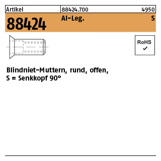 500 Stück, Artikel 88424 Al-Leg. S Blindniet-Muttern, rund, offen, Senkkopf 90° - Abmessung: M 5 /1,5 -4,0