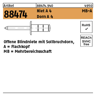 1000 Stück, Artikel 88474 Niet A 4 MB-A Dorn A 4 Offene Blindniete mit Sollbruchdorn, Flachkopf, Mehrbereichsschaft - Abmessung: 3,2 x 11