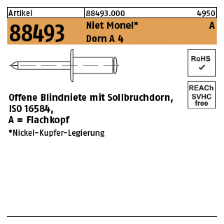 500 Stück, Artikel 88493 Niet Monel A Dorn A 4 Offene Blindniete mit Sollbruchdorn, ISO 16584, Flachkopf - Abmessung: 4,8 x 8