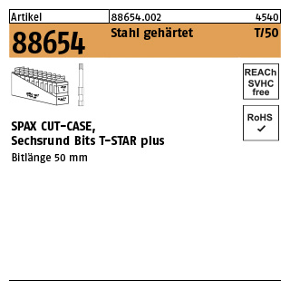 50 Stück, Artikel 88654 Stahl gehärtet T/50 SPAX CUT-CASE, Sechsrund Bits T-STAR plus - Abmessung: SW 1/4x50 T 15