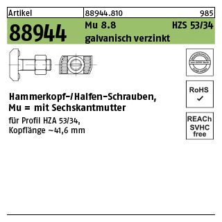25 Stück, Artikel 88944 Mu 8.8 HZS 53/34 galvanisch verzinkt Hammerkopf-/Halfen-Schrauben, mit Sechskantmutter - Abmessung: M 16 x 60