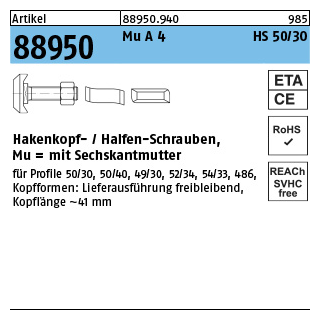 10 Stück, Artikel 88950 Mu A 4 HS 50/30 Hakenkopf-/Halfen-Schrauben, mit Sechskantmutter - Abmessung: M 16 x 60