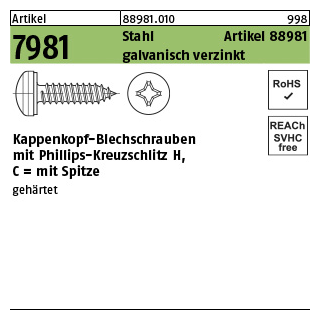 1000 Stück, Artikel 7981 Stahl Artikel 88981 galvanisch verzinkt Kappenkopf-Blechschrauben mit Phillips-Kreuzschlitz H, mit Spitze - Abmessung: 3,9 x 19 -H