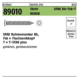 100 Stück, Artikel 89010 St. SPAX RA-Fsk-T Oberfläche WIROX SPAX Rahmenanker RA, Flachsenkkopf, mit T-STAR plus - Abmessung: 7,5 x 80 -T30