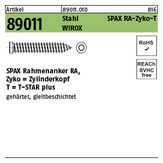 100 Stück, Artikel 89011 St. SPAX RA-Zyko-T Oberfläche WIROX SPAX Rahmenanker RA, Zylinderkopf, mit T-STAR plus - Abmessung: 7,5 x 210 -T30