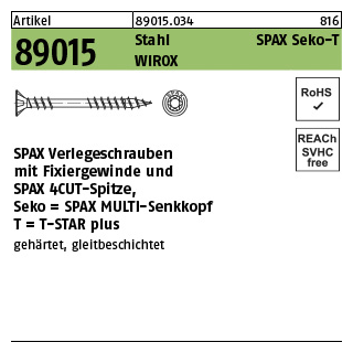 500 Stück, Artikel 89015 Stahl SPAX Seko-T Oberfläche WIROX SPAX verlegeschrauben mit Fixiergewinde und Spitze, Senkkopf, T-STAR - Abmessung: 4,5 x 50 -T20