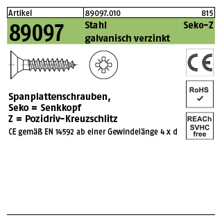 1000 Stück, Artikel 89097 Stahl CE Seko-Z galvanisch verzinkt Spanplattenschrauben, Senkkopf, Pozidriv-Kreuzschlitz - Abmessung: 3 x 10 -Z