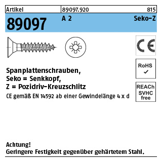 200 Stück, Artikel 89097 A 2 CE Seko-Z Spanplattenschrauben, Senkkopf, Pozidriv-Kreuzschlitz - Abmessung: 3 x 12 -Z