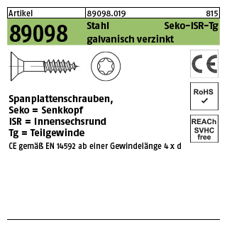Artikel 89098 Stahl CE Seko-ISR-Tg galvanisch verzinkt Spanplattenschrauben, Senkkopf, Innensechsrund, Tg - Abmessung: 5 x 80/48 -T25 VE= (500 Stück)