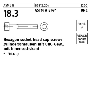 200 Stück, ASME B 18.3 ASTM A 574 UNC Hexagon socket head cap screws, Zylinderschrauben mit UNC-Gew., mit ISK - Abmessung: #2 x 3/8