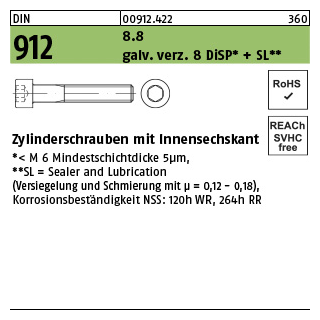 50 Stück, DIN 912 8.8 galv. verz. 8 DiSP + SL Zylinderschrauben mit Innensechskant - Abmessung: M 10 x 135
