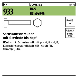 50 Stück, DIN 933 10.9 flZnL 480h (zinklamellenbesch.) Sechskantschrauben mit Gewinde bis Kopf - Abmessung: M 16 x 45