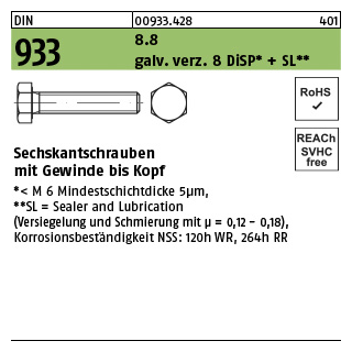1 Stück, DIN 933 8.8 galv. verz. 8 DiSP + SL Sechskantschrauben mit Gewinde bis Kopf - Abmessung: M 30 x 120