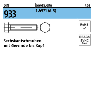 1 Stück, DIN 933 1.4571 (A 5) Sechskantschrauben mit Gewinde bis Kopf - Abmessung: M 12 x 60