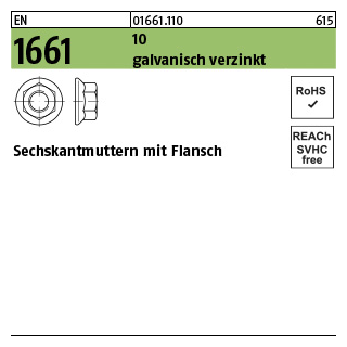 50 Stück, EN 1661 10 galvanisch verzinkt Sechskantmuttern mit Flansch - Abmessung: M 16
