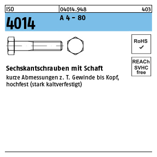 200 Stück, ISO 4014 A 4 - 80 Sechskantschrauben mit Schaft - Abmessung: M 5 x 25