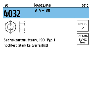 1000 Stück, ISO 4032 A 4 - 80 Sechskantmuttern, ISO-Typ 1 - Abmessung: M 5