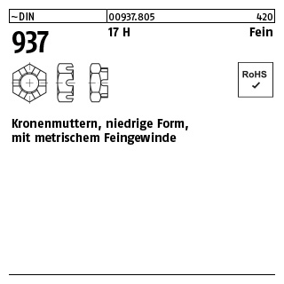 1 Stück, ~DIN 937 17 H Fein Kronenmuttern, niedrige Form mit metrischem Feingewinde - Abmessung: M 52 x 3