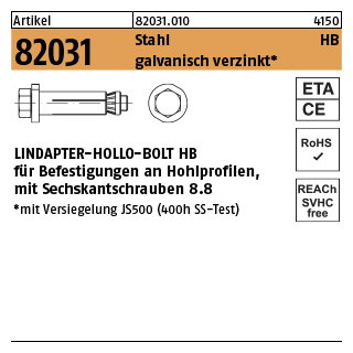 1 Stück, Artikel 82031 Stahl HB galvanisch verzinkt LINDAPTER-HOLLO-BOLT HB f. Befestigungen an Hohlprofilen, mit Sechskantschraube - Abmessung: HB 08-1 ( 50/22)
