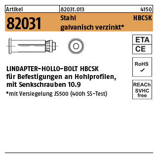 1 Stück, Artikel 82031 Stahl HBCSK galvanisch verzinkt LINDAPTER-HOLLO-BOLT HBCSK für Befest. an Hohlprofilen, mit Senkschrauben - Abmessung: HBCSK 08-1 ( 50/22)