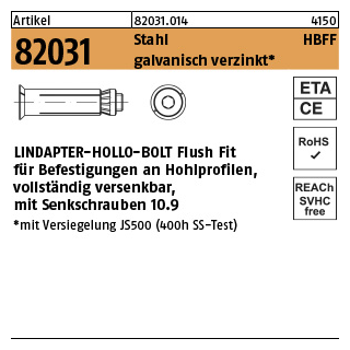 1 Stück, Artikel 82031 Stahl HBFF galvanisch verzinkt LINDAPTER-HOLLO-BOLT FlushFit f. vollst. versenkbare Befestigung an Hohlprofilen - Abmessung: HBFF 08-2 ( 70/45)