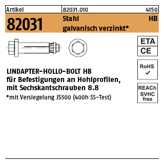 LINDAPTER-HOLLO-BOLT HB f. Befestigungen an Hohlprofilen - mit Sechskantschraube - Art. 82031 - HB - Stahl galvanisch verzinkt - 12-2(80/47) - 1 Stück