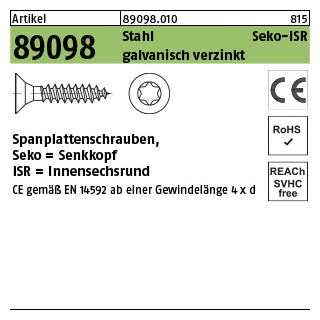 100 Stück, Artikel 89098 Stahl CE Seko-ISR galvanisch verzinkt Spanplattenschrauben mit Vollgew., Senkkopf, Innensechsrund - Abmessung: 8 x 70 -T40